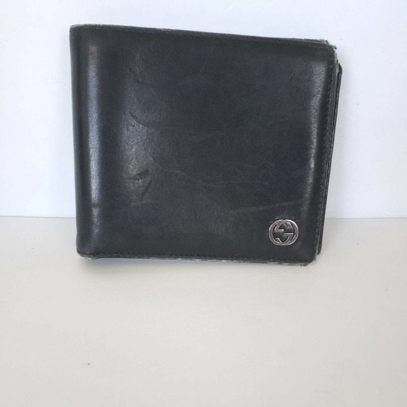 Gucci Designer Men's Card Wallet Black Silver Bifold 4x3 Leather Folding Medium - Picture 1 of 12